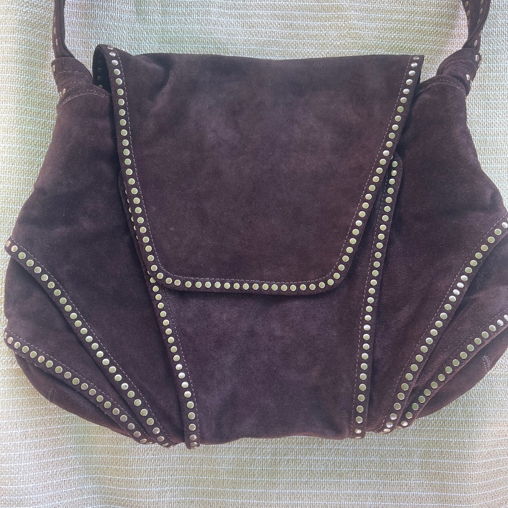 KOOBA suede Janine shoulder bag, Dark brown, shiny dark brass colored studs